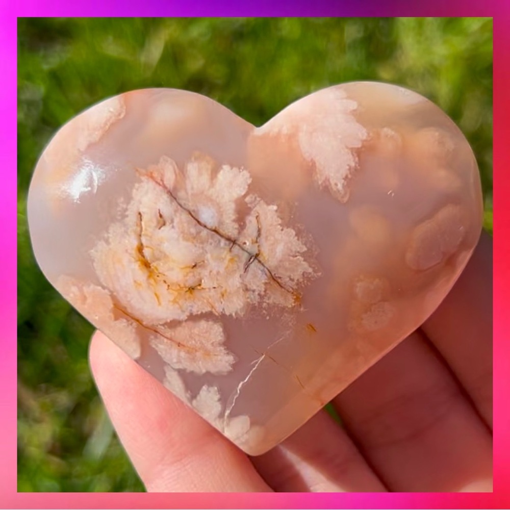 Pink Flower Agate Crystal Heart